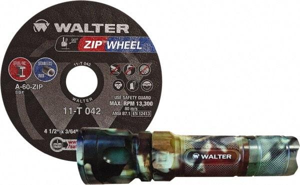 WALTER Surface Technologies - 4-1/2" 60 Grit Aluminum Oxide Cutoff Wheel - 3/64" Thick, 7/8" Arbor, 13,300 Max RPM, Use with Angle Grinders - Apex Tool & Supply