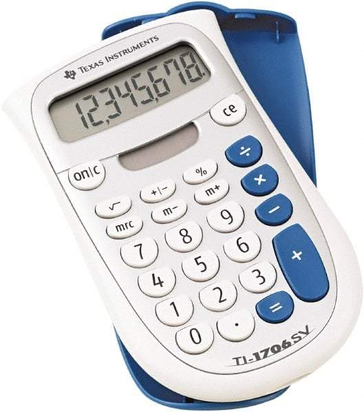 Texas Instruments - LCD Handheld Calculator - 3 x 5 Display Size, White & Blue, Battery & Solar Powered, 1" Long x 4.6" Wide - Apex Tool & Supply