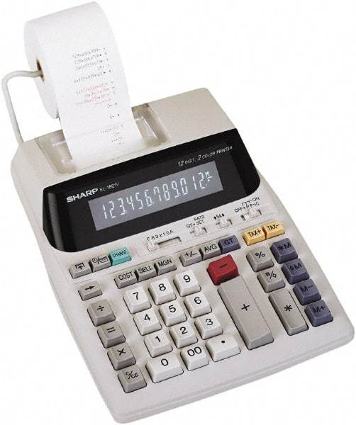 Sharp - Fluorescent Printing Calculator - 7-5/8 x 10-1/8 Display Size, Light Gray, AC Powered, 3-7/16" Long x 8-3/8" Wide - Apex Tool & Supply