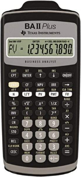 Texas Instruments - LCD Financial Calculator - 3 x 6 Display Size, Black, Battery Powered, 2.4" Long x 6-1/2" Wide - Apex Tool & Supply