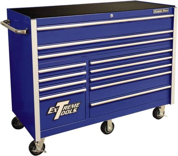 EXTREME TOOLS - 12 Drawer Steel/Aluminum Tool Roller Cabinet - 55" Wide x 46" High x 25" Deep, Ball Bearing Drawer Slides, Blue - Apex Tool & Supply