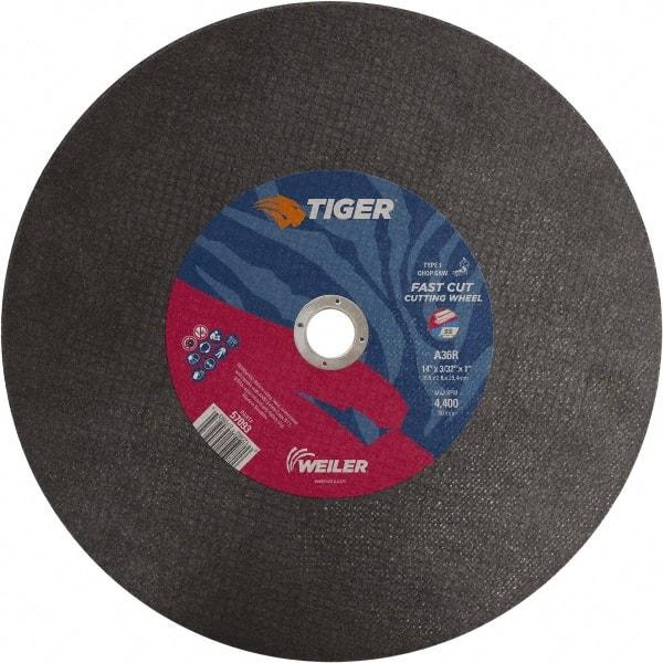 Weiler - 14" 36 Grit Aluminum Oxide Cutoff Wheel - 3/32" Thick, 1" Arbor, 4,400 Max RPM, Use with Chop Saws - Apex Tool & Supply