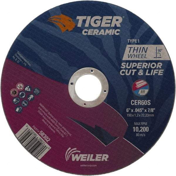 Weiler - 6" 60 Grit Ceramic Cutoff Wheel - 0.045" Thick, 7/8" Arbor, 10,200 Max RPM, Use with Angle Grinders - Apex Tool & Supply