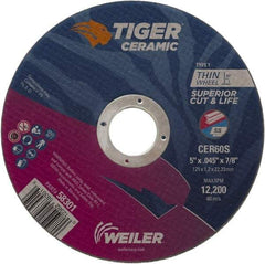 Weiler - 5" 60 Grit Ceramic Cutoff Wheel - 0.045" Thick, 7/8" Arbor, 12,200 Max RPM, Use with Angle Grinders - Apex Tool & Supply