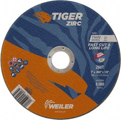 Weiler - 7" 60 Grit Zirconia Alumina Cutoff Wheel - 0.06" Thick, 7/8" Arbor, 8,500 Max RPM, Use with Angle Grinders - Apex Tool & Supply