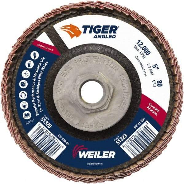 Weiler - 80 Grit, 5" Disc Diam, 5/8-11 Center Hole, Type 27 Ceramic Alumina Flap Disc - 12,000 Max RPM, Phenolic Backing, Arbor Attaching System, Coated - Apex Tool & Supply