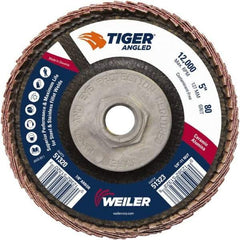 Weiler - 80 Grit, 5" Disc Diam, 5/8-11 Center Hole, Type 27 Ceramic Alumina Flap Disc - 12,000 Max RPM, Phenolic Backing, Arbor Attaching System, Coated - Apex Tool & Supply