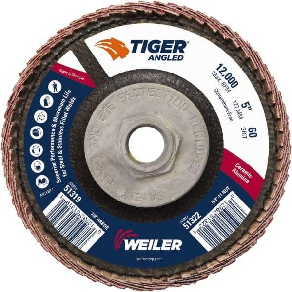Weiler - 60 Grit, 5" Disc Diam, 5/8-11 Center Hole, Type 27 Ceramic Alumina Flap Disc - 12,000 Max RPM, Phenolic Backing, Arbor Attaching System, Coated - Apex Tool & Supply