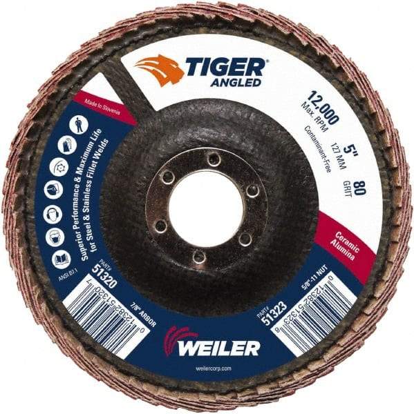 Weiler - 80 Grit, 5" Disc Diam, 7/8" Center Hole, Type 27 Ceramic Alumina Flap Disc - 12,000 Max RPM, Phenolic Backing, Arbor Attaching System, Coated - Apex Tool & Supply