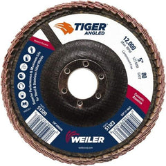 Weiler - 80 Grit, 5" Disc Diam, 7/8" Center Hole, Type 27 Ceramic Alumina Flap Disc - 12,000 Max RPM, Phenolic Backing, Arbor Attaching System, Coated - Apex Tool & Supply
