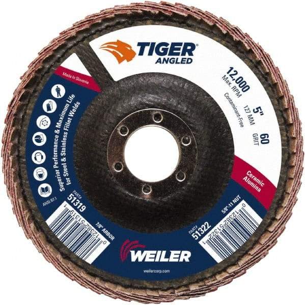 Weiler - 60 Grit, 5" Disc Diam, 7/8" Center Hole, Type 27 Ceramic Alumina Flap Disc - 12,000 Max RPM, Phenolic Backing, Quick Change Type S Attaching System, Coated - Apex Tool & Supply