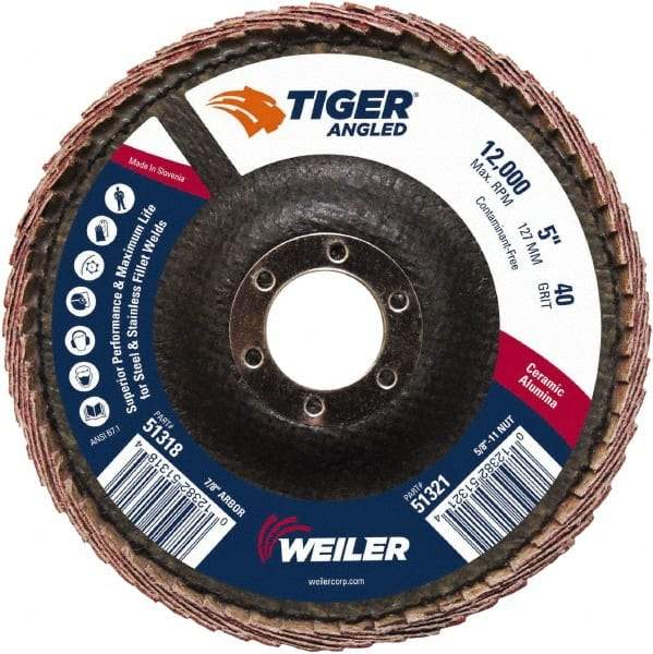 Weiler - 40 Grit, 5" Disc Diam, 7/8" Center Hole, Type 27 Ceramic Alumina Flap Disc - 12,000 Max RPM, Phenolic Backing, Arbor Attaching System, Coated - Apex Tool & Supply