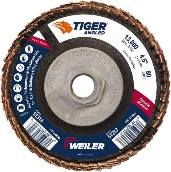 Weiler - 80 Grit, 4-1/2" Disc Diam, 5/8-11 Center Hole, Type 27 Ceramic Alumina Flap Disc - 13,000 Max RPM, Phenolic Backing, Arbor Attaching System, Coated - Apex Tool & Supply