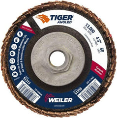 Weiler - 40 Grit, 4-1/2" Disc Diam, 5/8-11 Center Hole, Type 27 Ceramic Alumina Flap Disc - 13,000 Max RPM, Phenolic Backing, Arbor Attaching System, Coated - Apex Tool & Supply
