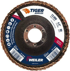 Weiler - 80 Grit, 4-1/2" Disc Diam, 7/8" Center Hole, Type 27 Ceramic Alumina Flap Disc - 13,000 Max RPM, Phenolic Backing, Arbor Attaching System, Coated - Apex Tool & Supply