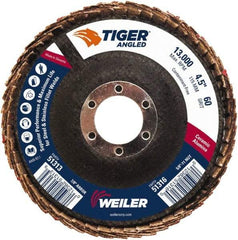 Weiler - 60 Grit, 4-1/2" Disc Diam, 7/8" Center Hole, Type 27 Ceramic Alumina Flap Disc - 13,000 Max RPM, Phenolic Backing, Quick Change Type S Attaching System, Coated - Apex Tool & Supply