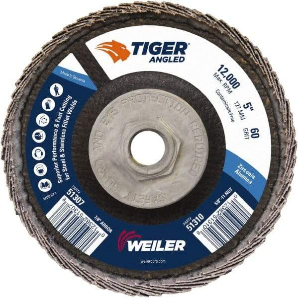 Weiler - 60 Grit, 5" Disc Diam, 5/8-11 Center Hole, Type 27 Zirconia Alumina Flap Disc - 12,000 Max RPM, Phenolic Backing, Arbor Attaching System, Coated - Apex Tool & Supply