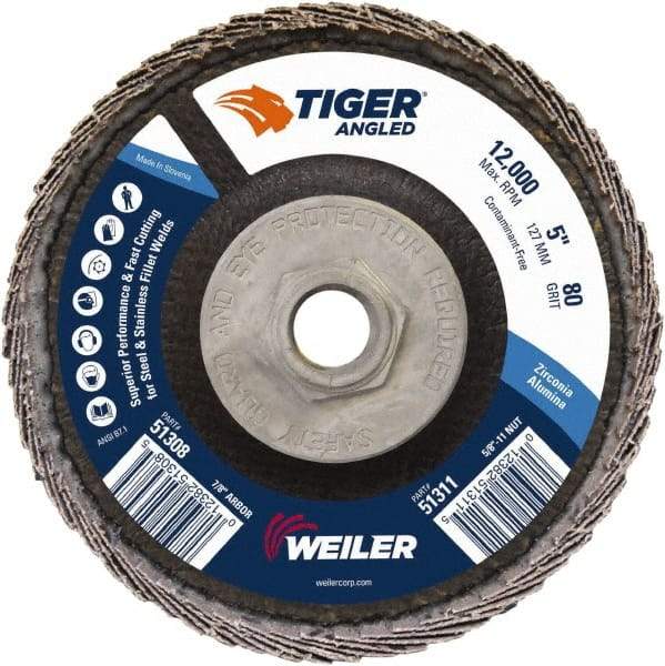 Weiler - 80 Grit, 5" Disc Diam, 5/8-11 Center Hole, Type 27 Zirconia Alumina Flap Disc - 12,000 Max RPM, Phenolic Backing, Arbor Attaching System, Coated - Apex Tool & Supply