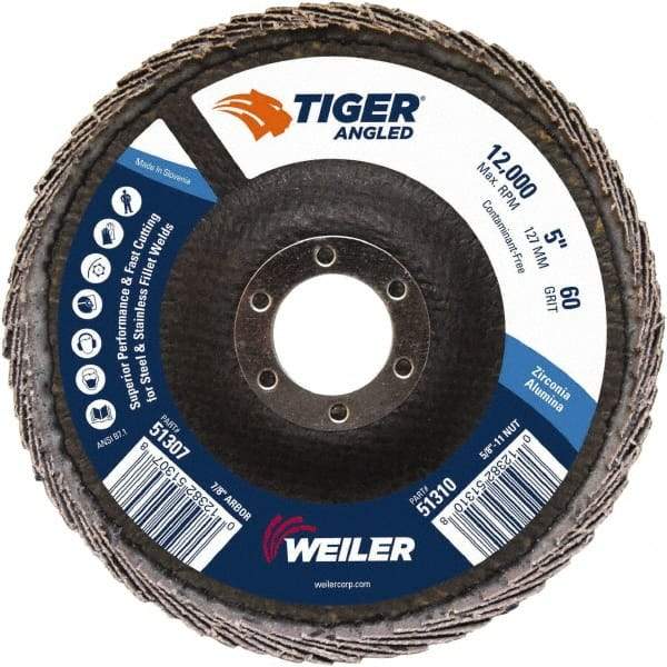 Weiler - 60 Grit, 5" Disc Diam, 7/8" Center Hole, Type 27 Zirconia Alumina Flap Disc - 12,000 Max RPM, Phenolic Backing, Quick Change Type S Attaching System, Coated - Apex Tool & Supply
