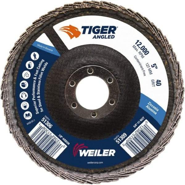 Weiler - 40 Grit, 5" Disc Diam, 7/8" Center Hole, Type 27 Zirconia Alumina Flap Disc - 12,000 Max RPM, Phenolic Backing, Arbor Attaching System, Coated - Apex Tool & Supply