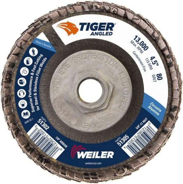 Weiler - 80 Grit, 4-1/2" Disc Diam, 5/8-11 Center Hole, Type 27 Zirconia Alumina Flap Disc - 13,000 Max RPM, Phenolic Backing, Arbor Attaching System, Coated - Apex Tool & Supply