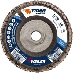 Weiler - 80 Grit, 4-1/2" Disc Diam, 5/8-11 Center Hole, Type 27 Zirconia Alumina Flap Disc - 13,000 Max RPM, Phenolic Backing, Arbor Attaching System, Coated - Apex Tool & Supply