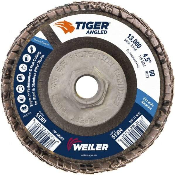 Weiler - 60 Grit, 4-1/2" Disc Diam, 5/8-11 Center Hole, Type 27 Zirconia Alumina Flap Disc - 13,000 Max RPM, Phenolic Backing, Arbor Attaching System, Coated - Apex Tool & Supply