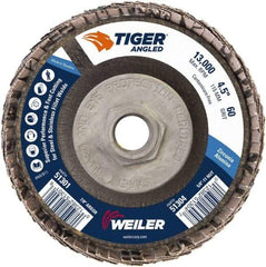 Weiler - 60 Grit, 4-1/2" Disc Diam, 5/8-11 Center Hole, Type 27 Zirconia Alumina Flap Disc - 13,000 Max RPM, Phenolic Backing, Arbor Attaching System, Coated - Apex Tool & Supply