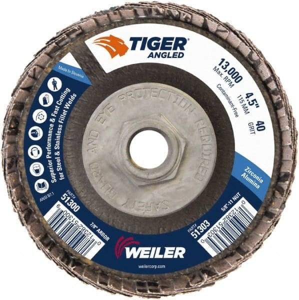 Weiler - 40 Grit, 4-1/2" Disc Diam, 5/8-11 Center Hole, Type 27 Zirconia Alumina Flap Disc - 13,000 Max RPM, Phenolic Backing, Arbor Attaching System, Coated - Apex Tool & Supply