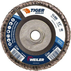 Weiler - 40 Grit, 4-1/2" Disc Diam, 5/8-11 Center Hole, Type 27 Zirconia Alumina Flap Disc - 13,000 Max RPM, Phenolic Backing, Arbor Attaching System, Coated - Apex Tool & Supply