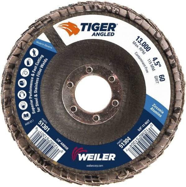 Weiler - 60 Grit, 4-1/2" Disc Diam, 7/8" Center Hole, Type 27 Zirconia Alumina Flap Disc - 13,000 Max RPM, Phenolic Backing, Arbor Attaching System, Coated - Apex Tool & Supply