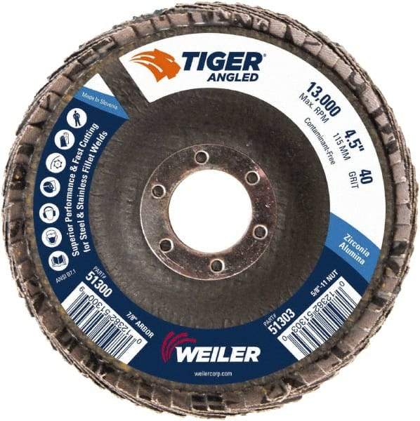 Weiler - 40 Grit, 4-1/2" Disc Diam, 7/8" Center Hole, Type 27 Zirconia Alumina Flap Disc - 13,000 Max RPM, Phenolic Backing, Arbor Attaching System, Coated - Apex Tool & Supply
