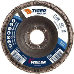 Weiler - 40 Grit, 4-1/2" Disc Diam, 7/8" Center Hole, Type 27 Zirconia Alumina Flap Disc - 13,000 Max RPM, Phenolic Backing, Arbor Attaching System, Coated - Apex Tool & Supply