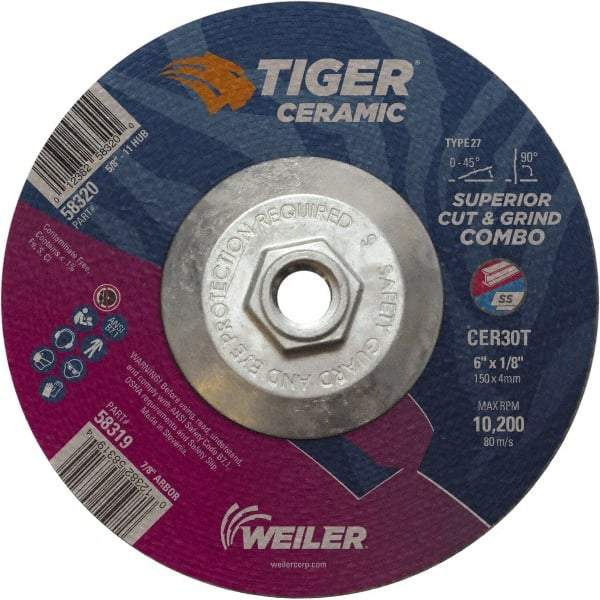 Weiler - 30 Grit, 6" Wheel Diam, Type 27 Depressed Center Wheel - Hard Grade, Ceramic, T Hardness, 10,200 Max RPM - Apex Tool & Supply