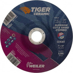 Weiler - 30 Grit, 7" Wheel Diam, 7/8" Arbor Hole, Type 27 Depressed Center Wheel - Hard Grade, Ceramic, T Hardness, 8,500 Max RPM - Apex Tool & Supply