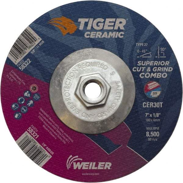 Weiler - 30 Grit, 7" Wheel Diam, Type 27 Depressed Center Wheel - Hard Grade, Ceramic, T Hardness, 8,500 Max RPM - Apex Tool & Supply