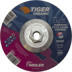Weiler - 30 Grit, 7" Wheel Diam, Type 27 Depressed Center Wheel - Hard Grade, Ceramic, T Hardness, 8,500 Max RPM - Apex Tool & Supply