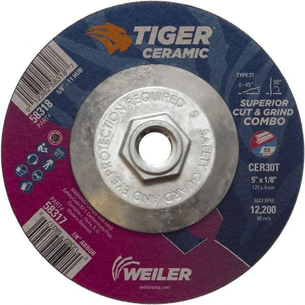 Weiler - 30 Grit, 5" Wheel Diam, Type 27 Depressed Center Wheel - Hard Grade, Ceramic, T Hardness, 12,200 Max RPM - Apex Tool & Supply