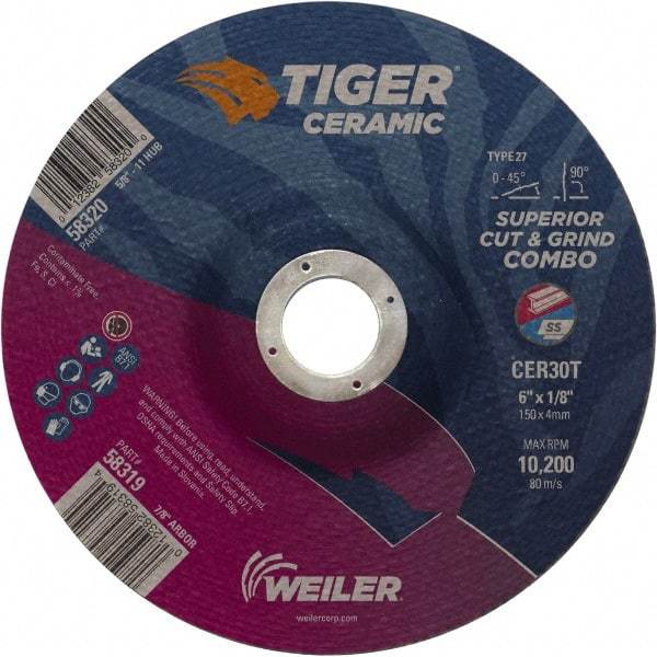 Weiler - 30 Grit, 6" Wheel Diam, 7/8" Arbor Hole, Type 27 Depressed Center Wheel - Hard Grade, Ceramic, T Hardness, 10,200 Max RPM - Apex Tool & Supply