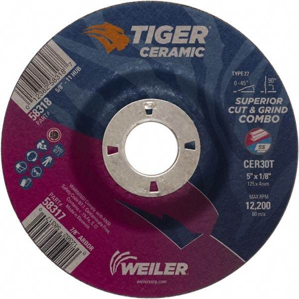 Weiler - 30 Grit, 5" Wheel Diam, 7/8" Arbor Hole, Type 27 Depressed Center Wheel - Hard Grade, Ceramic, T Hardness, 12,200 Max RPM - Apex Tool & Supply