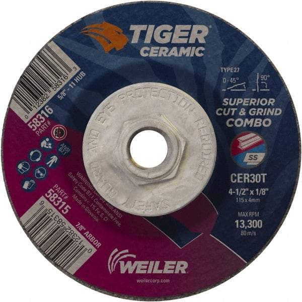 Weiler - 30 Grit, 4-1/2" Wheel Diam, Type 27 Depressed Center Wheel - Hard Grade, Ceramic, T Hardness, 13,300 Max RPM - Apex Tool & Supply