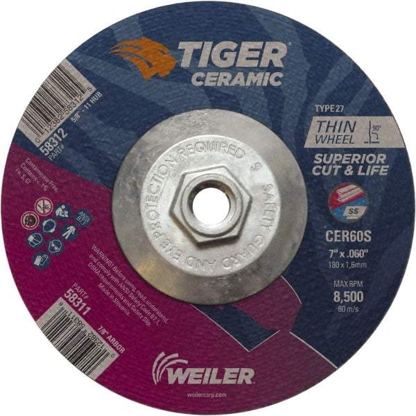 Weiler - 60 Grit, 7" Wheel Diam, Type 27 Depressed Center Wheel - Medium Grade, Ceramic, S Hardness, 8,500 Max RPM - Apex Tool & Supply