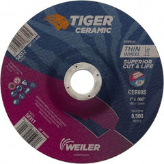 Weiler - 60 Grit, 7" Wheel Diam, 7/8" Arbor Hole, Type 27 Depressed Center Wheel - Medium Grade, Ceramic, S Hardness, 8,500 Max RPM - Apex Tool & Supply