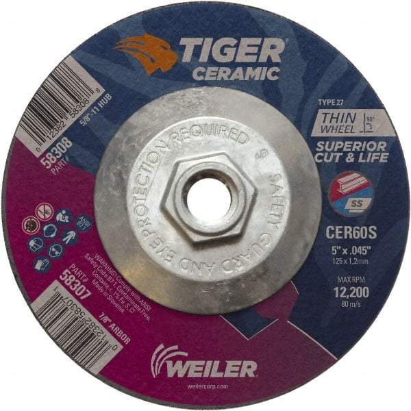 Weiler - 60 Grit, 5" Wheel Diam, Type 27 Depressed Center Wheel - Medium Grade, Ceramic, S Hardness, 12,200 Max RPM - Apex Tool & Supply
