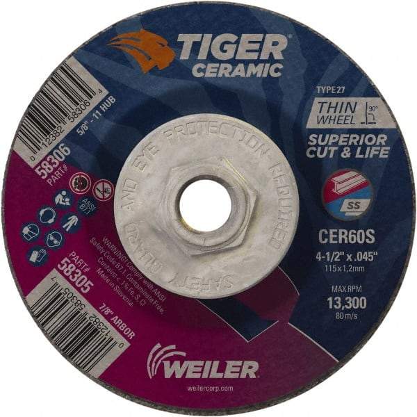 Weiler - 60 Grit, 4-1/2" Wheel Diam, Type 27 Depressed Center Wheel - Medium Grade, Ceramic, S Hardness, 13,300 Max RPM - Apex Tool & Supply