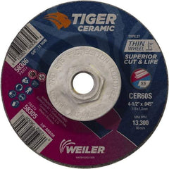 Weiler - 60 Grit, 4-1/2" Wheel Diam, Type 27 Depressed Center Wheel - Medium Grade, Ceramic, S Hardness, 13,300 Max RPM - Apex Tool & Supply