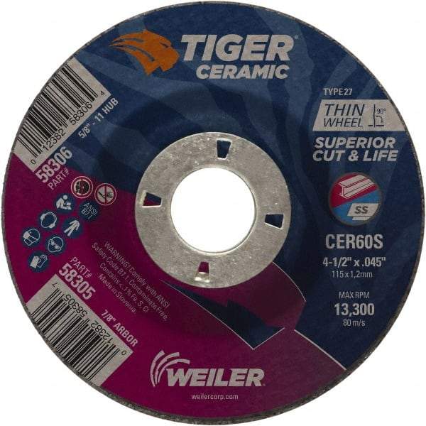 Weiler - 60 Grit, 4-1/2" Wheel Diam, 7/8" Arbor Hole, Type 27 Depressed Center Wheel - Medium Grade, Ceramic, S Hardness, 13,300 Max RPM - Apex Tool & Supply