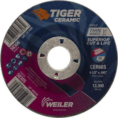 Weiler - 60 Grit, 4-1/2" Wheel Diam, 7/8" Arbor Hole, Type 27 Depressed Center Wheel - Medium Grade, Ceramic, S Hardness, 13,300 Max RPM - Apex Tool & Supply