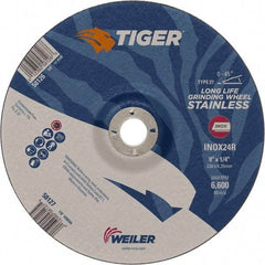Weiler - 24 Grit, 9" Wheel Diam, 7/8" Arbor Hole, Type 27 Depressed Center Wheel - Medium Grade, Aluminum Oxide, R Hardness, 6,600 Max RPM - Apex Tool & Supply