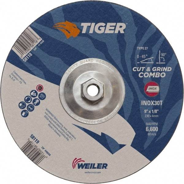 Weiler - 30 Grit, 9" Wheel Diam, Type 27 Depressed Center Wheel - Hard Grade, Aluminum Oxide, T Hardness, 6,600 Max RPM - Apex Tool & Supply